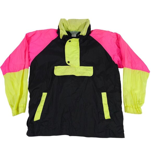 Vintage 80/90s Outrageous Neon Pink Yellow Black Pullover Windbreaker Jacket S - Picture 1 of 5